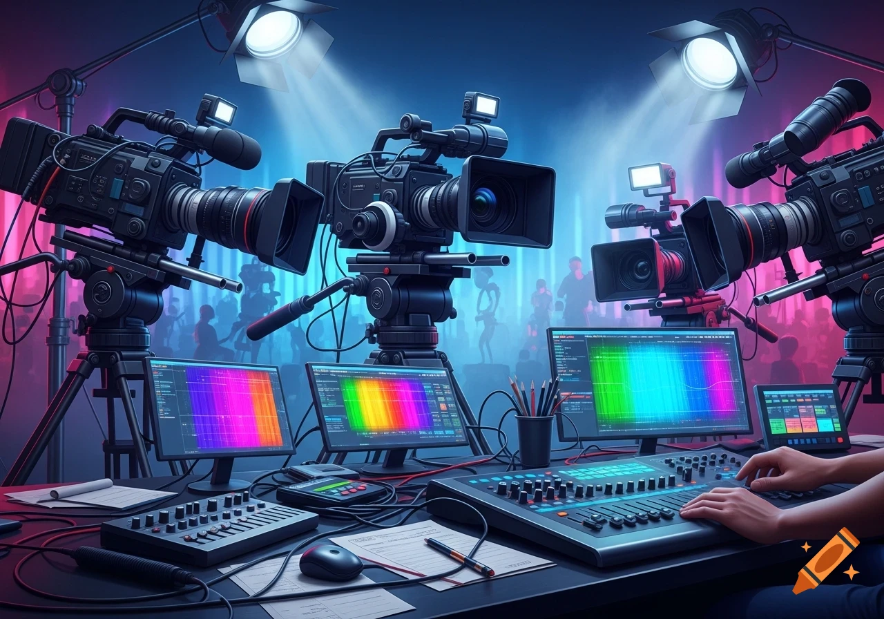 A vibrant video production control room setup with three professional cameras, multiple screens displaying colorful spectrums, a sound mixer, and a person's hands on controls, bathed in bright studio lights.