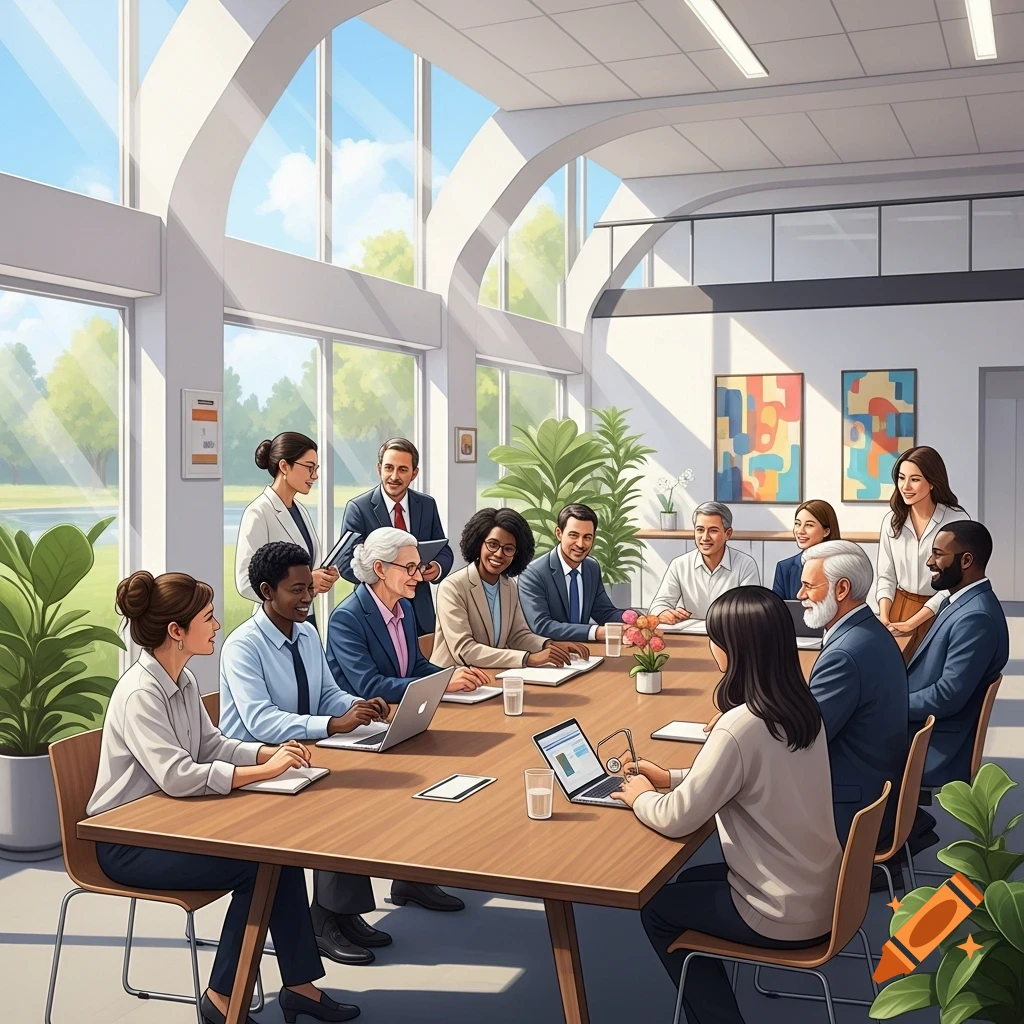 A diverse group of professionals in a meeting around a table in a bright modern conference room with arched windows.