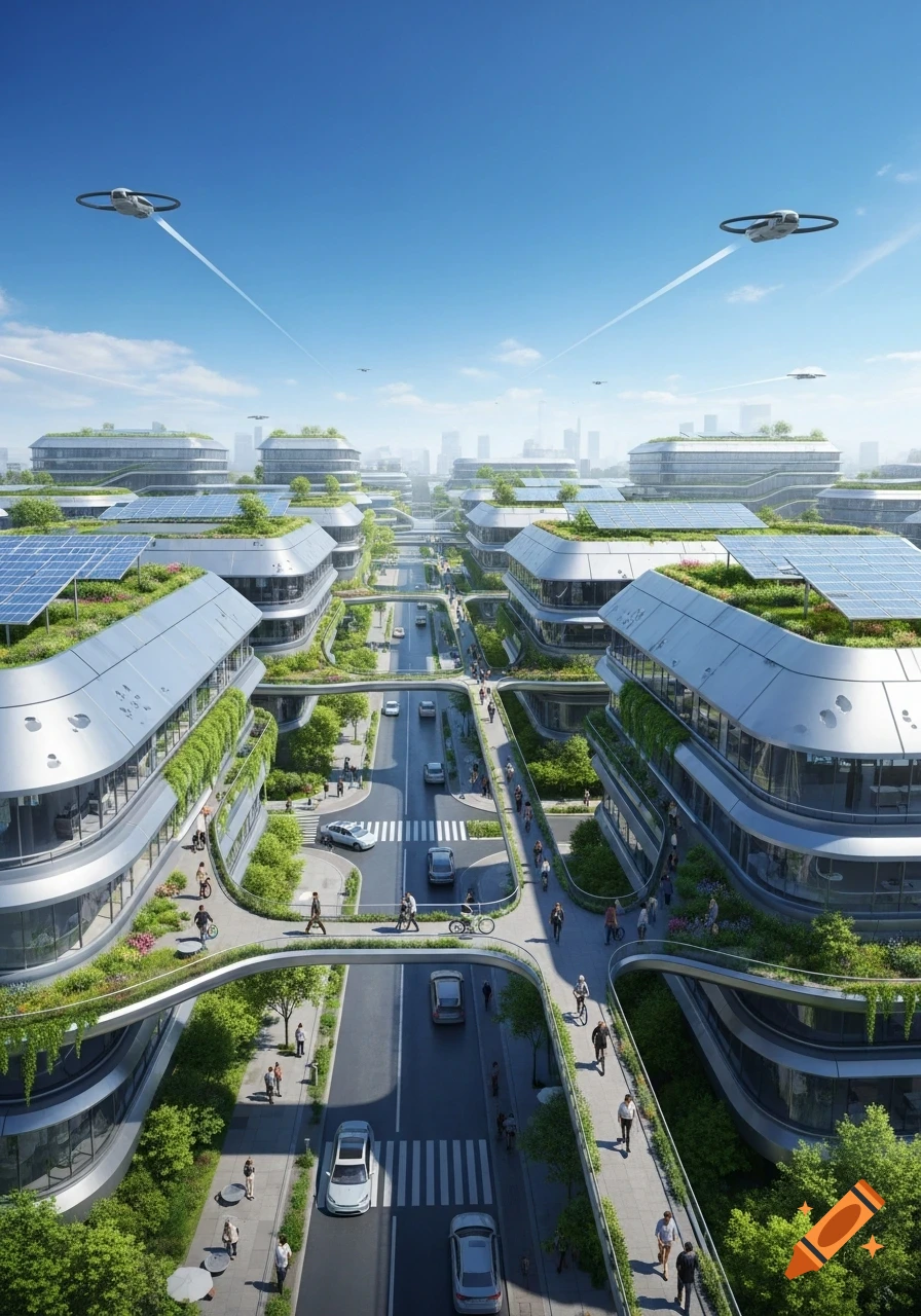 Photorealistic view of a futuristic city with green-roofed buildings, solar panels, elevated walkways, cars, and flying vehicles under a blue sky.