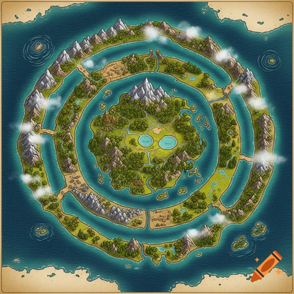 Detailed fantasy world map showing a central island surrounded by three concentric land rings and ocean in a stylized art style.