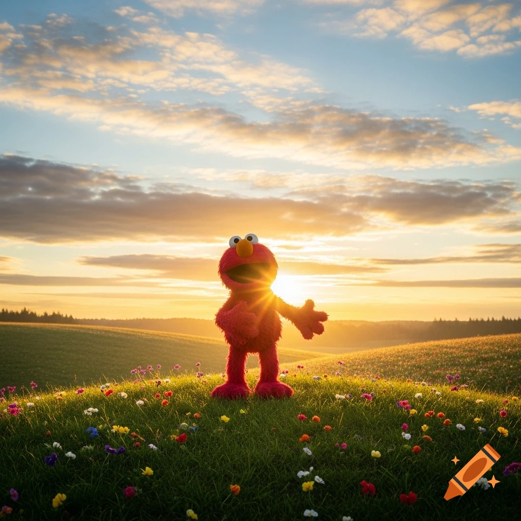 Elmo stands in a vibrant field of wildflowers at sunrise, mouth open, against a bright sky.