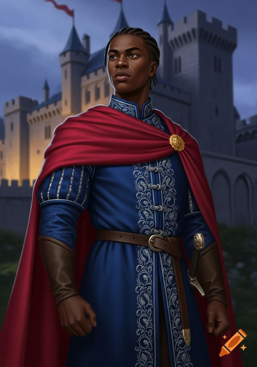 A confident young Black man with braided hair, dressed in a blue medieval tunic, red cape, and brown gloves, stands before a castle at dusk in a fantasy art style.