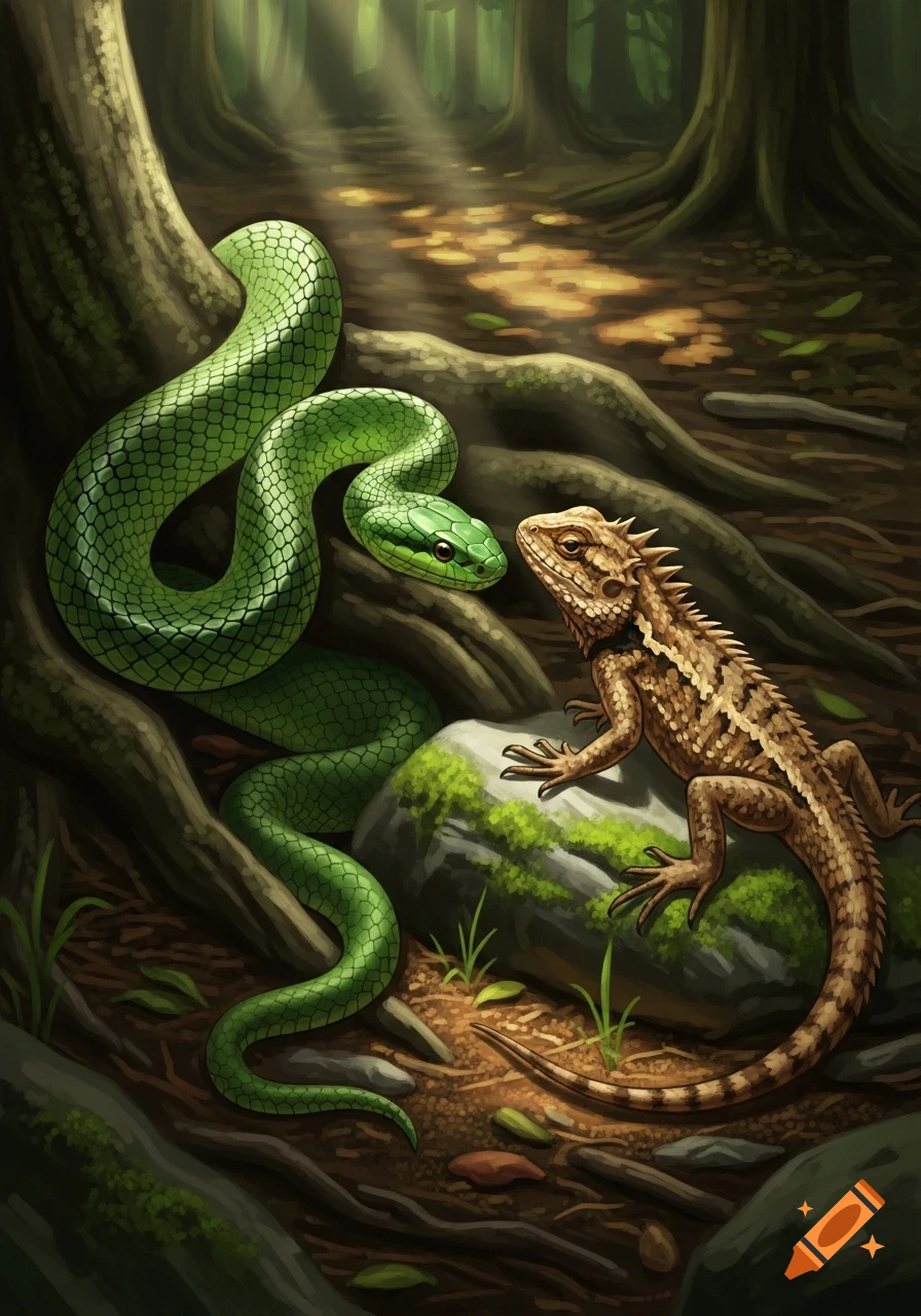 A detailed illustration of a green snake and a brown lizard facing each other in a lush forest with dappled sunlight.