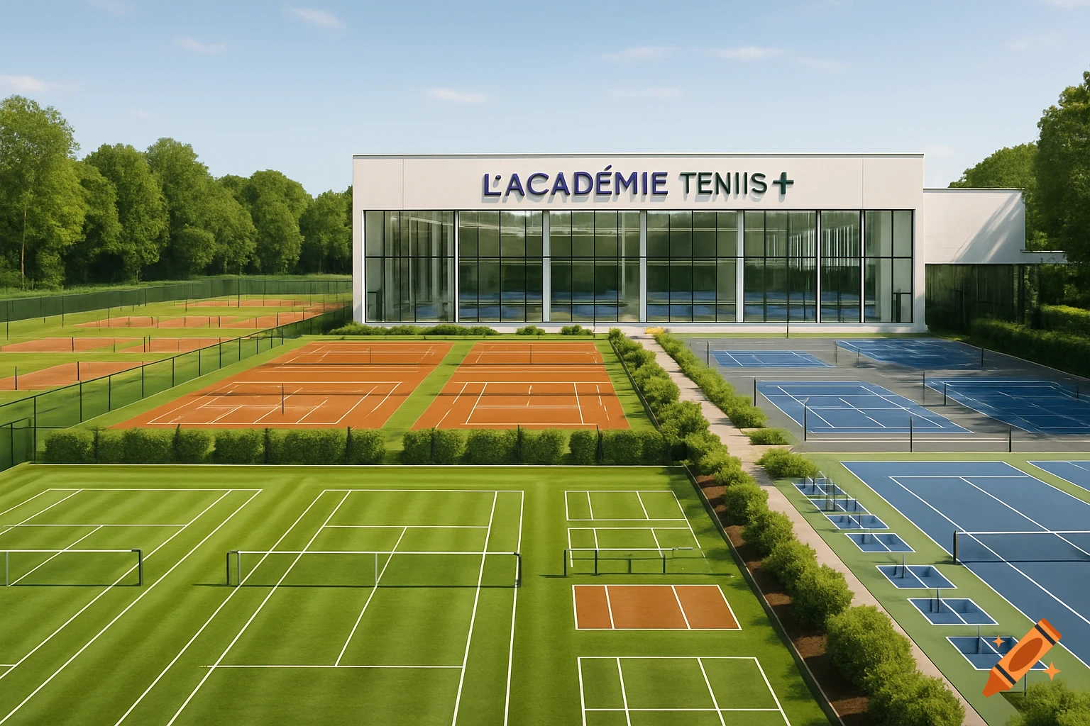 Aerial view of a modern tennis academy with various outdoor courts, including clay, grass, and hard courts, next to a large building.