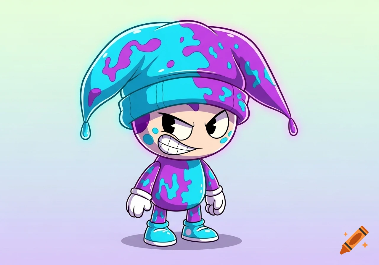 A grumpy cartoon character with an angry expression, wearing a cyan and purple jester hat and matching paint-splattered outfit.