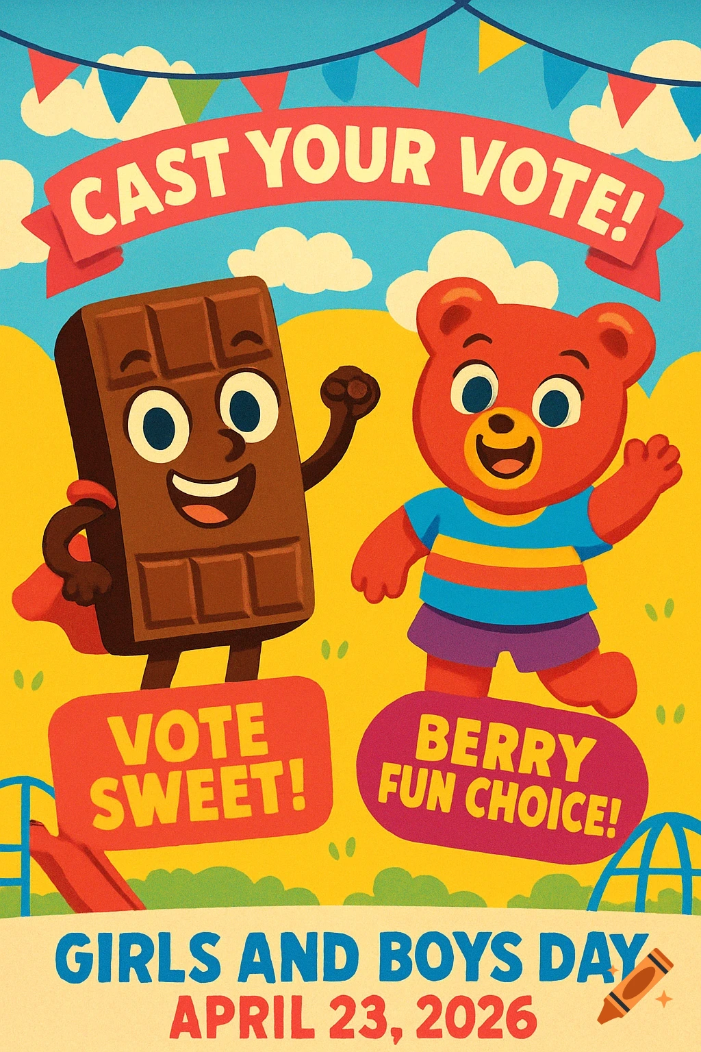 Vote Candy Vibrant cartoon poster for Girls and Boys Day election. A superhero ...