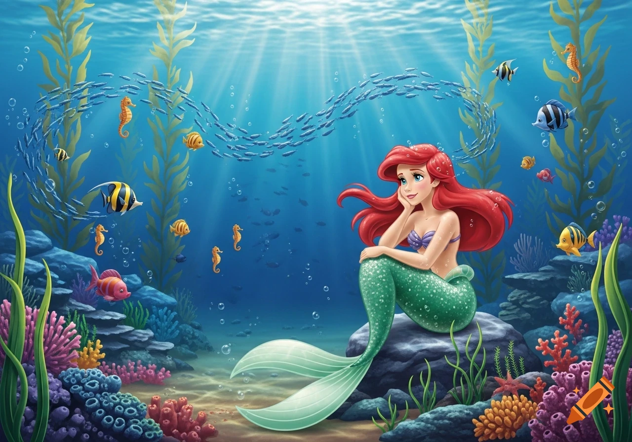 Red-haired Ariel, The Little Mermaid, sits on a rock under the sea amidst colorful coral, fish, and seahorses in a vibrant cartoon illustration.