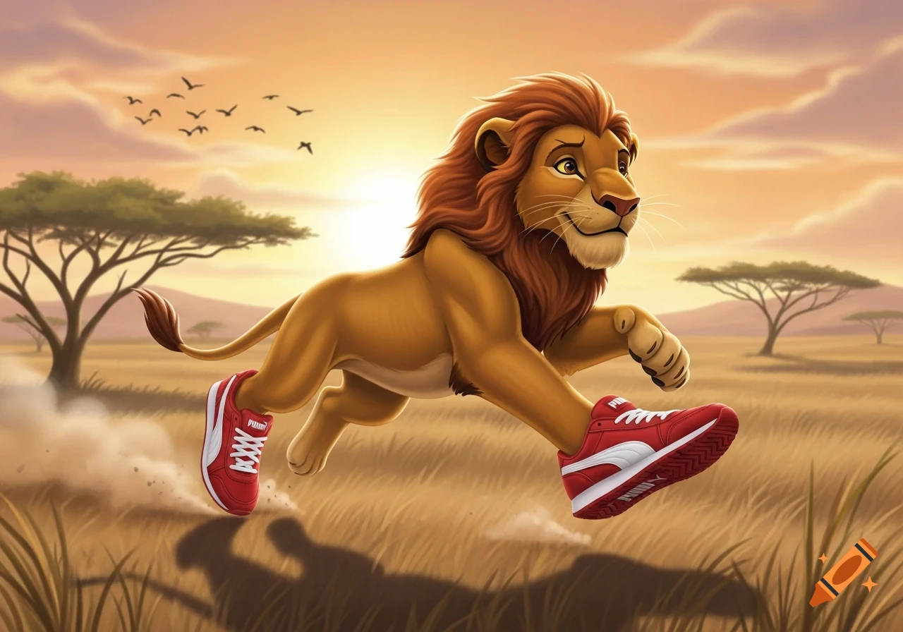 A cartoon lion resembling Simba runs through a savanna at sunset, wearing red Puma athletic shoes.