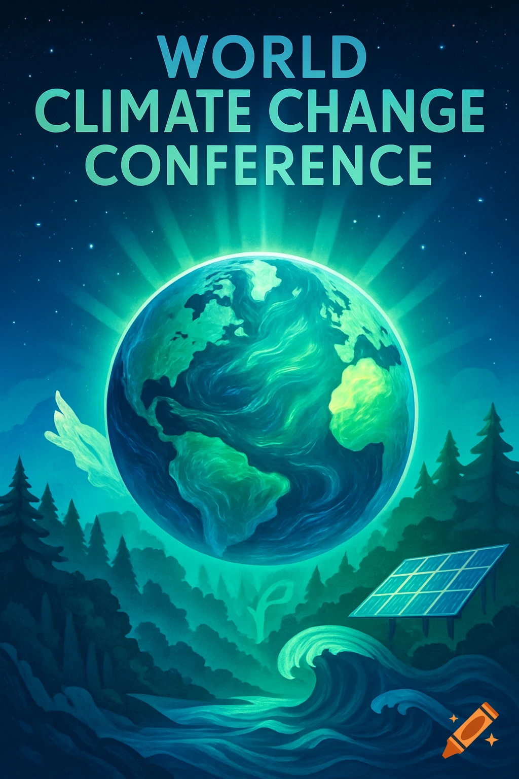 Stylized poster for the World Climate Change Conference, featuring a glowing Earth, trees, a solar panel, and waves under a starry sky.