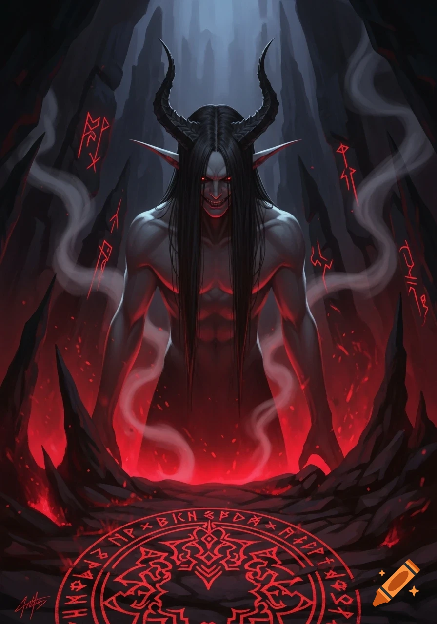 A demonic figure with horns, long black hair, glowing red eyes, and a sharp-toothed grin stands in a dark cavern filled with red light and ancient runes.