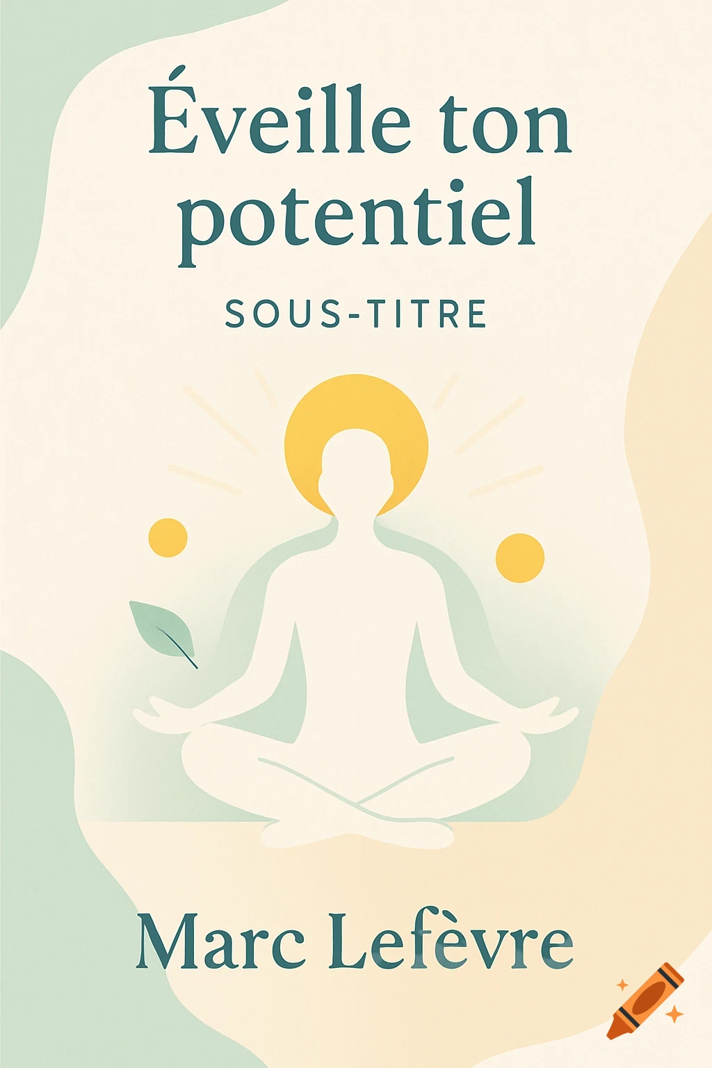 Minimalist ebook cover with a white meditating silhouette, golden halo, and green leaf on pastel green and beige, with text "Éveille ton potentiel" and "Marc Lefèvre".