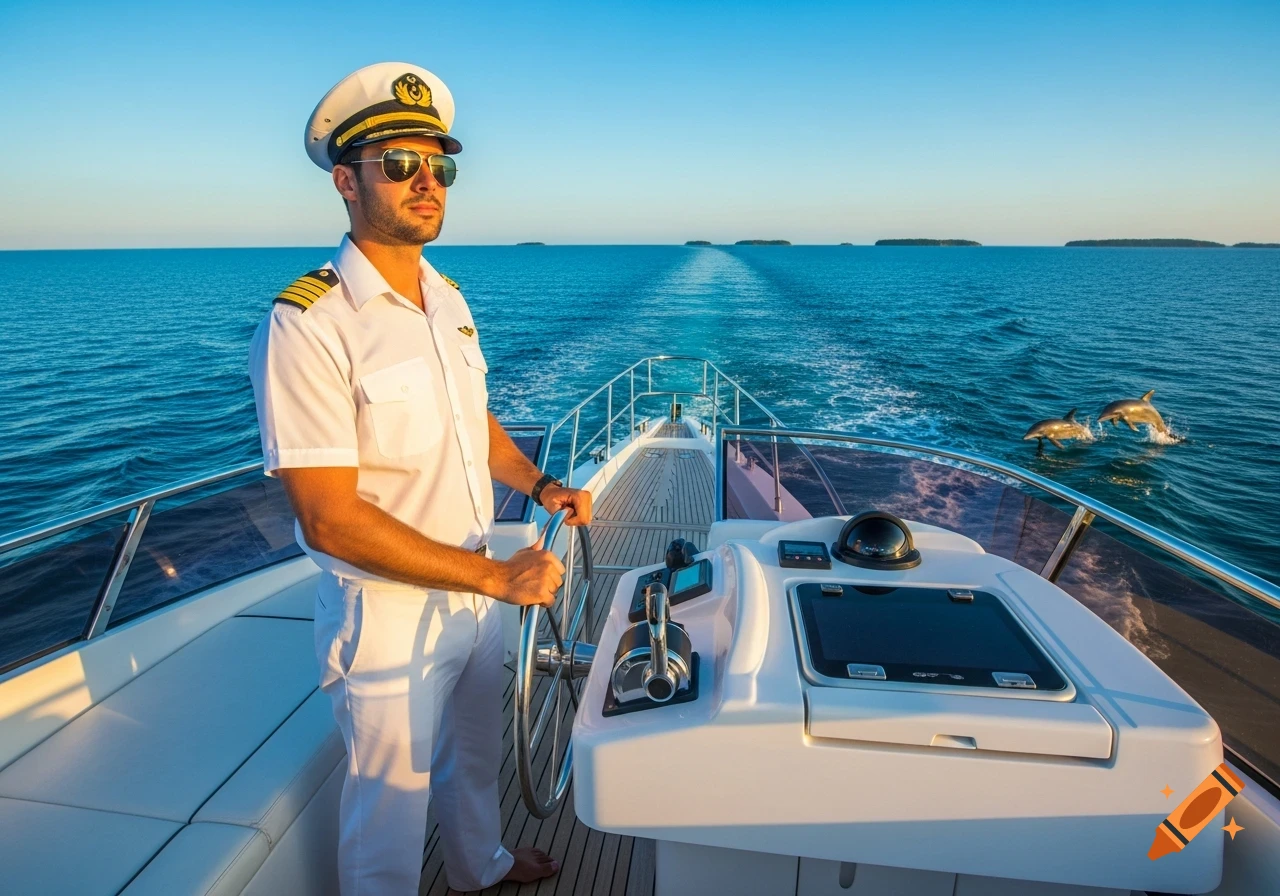 A photorealistic image of a male captain in uniform steering a yacht on a clear blue ocean, with dolphins jumping in the distance.