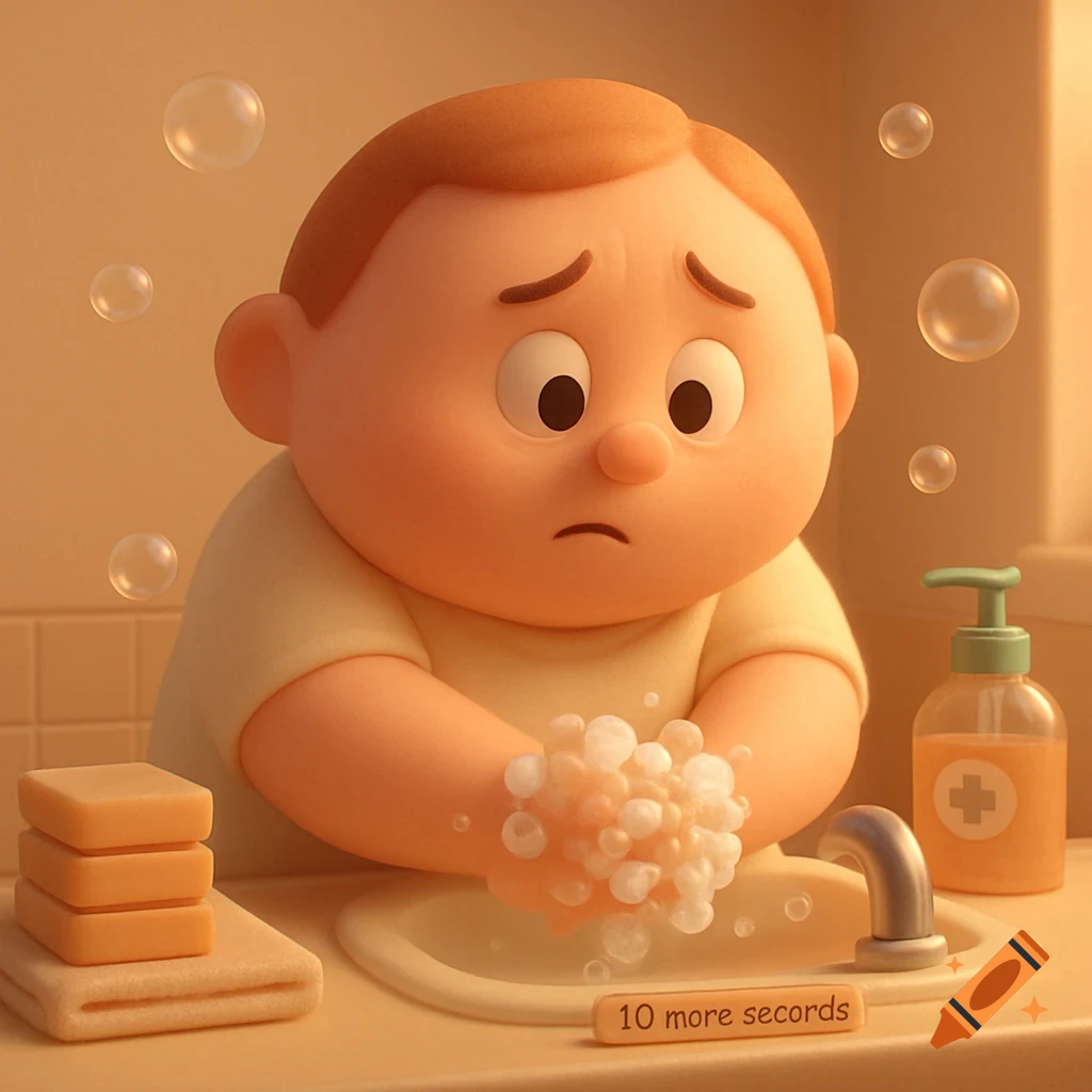 A worried, cute 3D cartoon child washes hands at a sink with soap and bubbles. A label says '10 more secords'. Pixar-style.