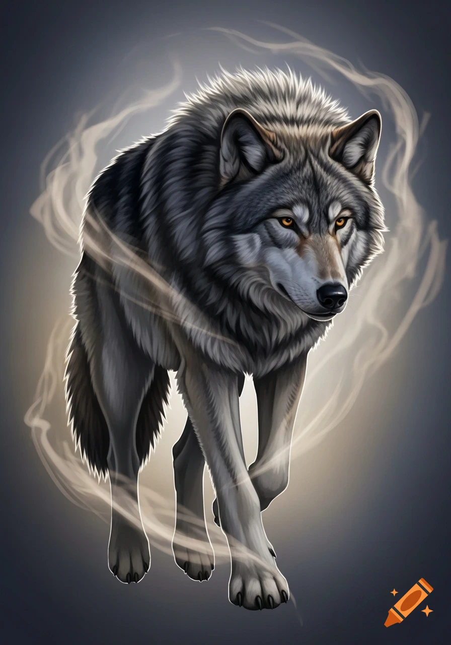 A powerful gray wolf with glowing orange eyes walks forward, surrounded by wisps of smoke and light against a dark background, digital art.