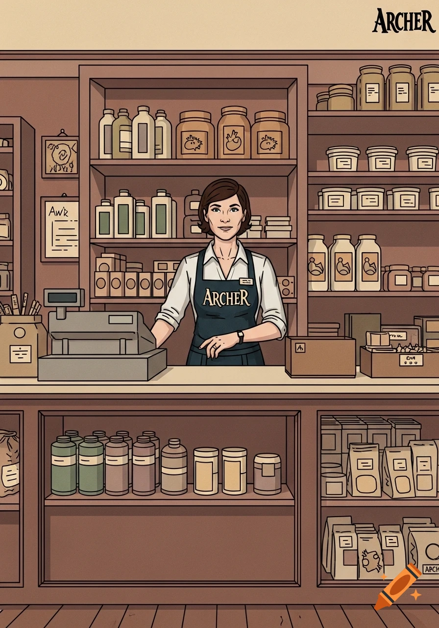 An animated woman in Archer TV show style stands behind a shop counter with a cash register and shelves full of goods.
