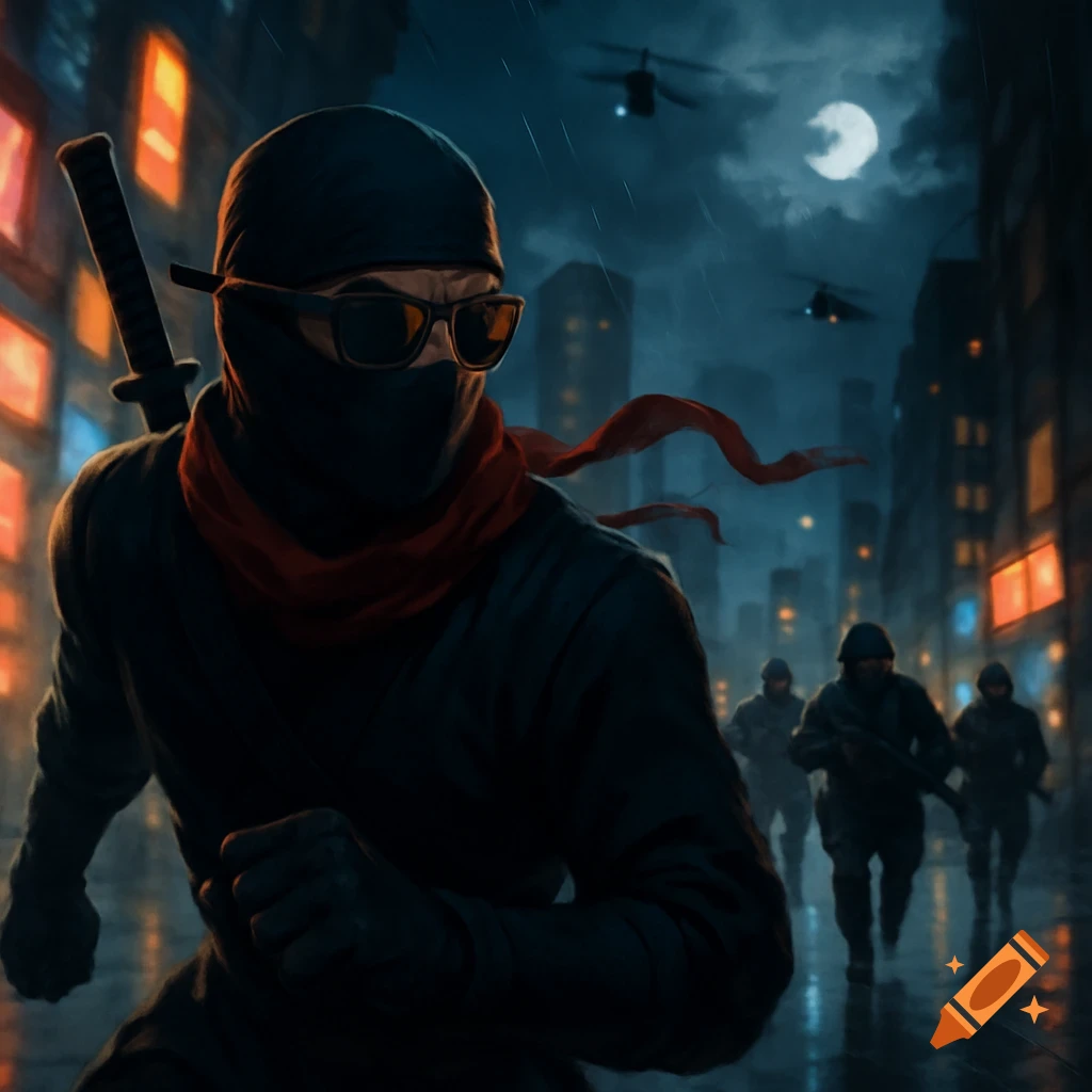 A ninja in sunglasses and a red scarf runs through a dark, rainy city, pursued by soldiers and helicopters under a full moon.