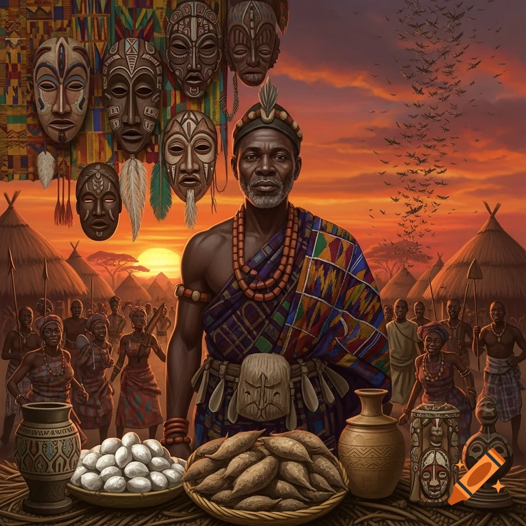 A man in traditional African attire stands before a vibrant sunset village scene, surrounded by ceremonial masks, people, and offerings.