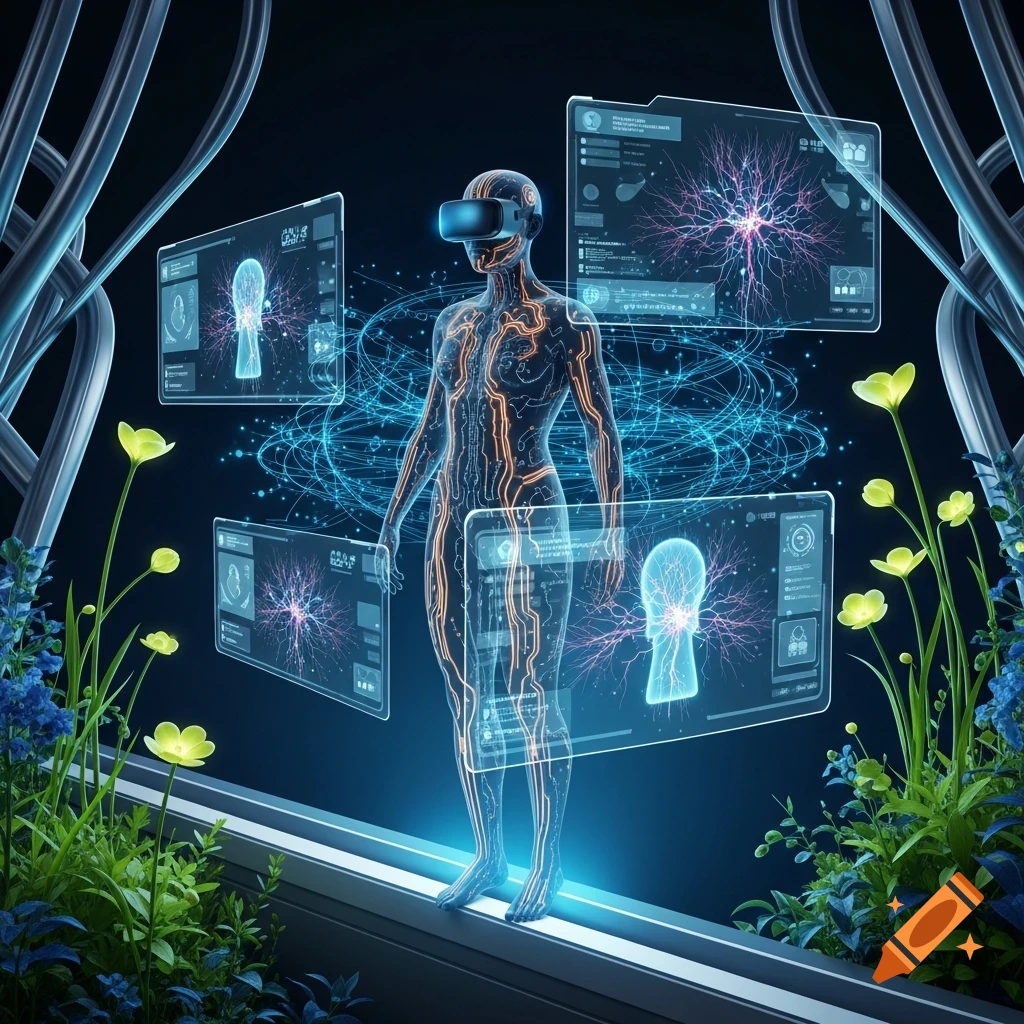 A futuristic translucent human figure with glowing circuits and a VR headset, surrounded by holographic screens displaying neural networks, amidst lush plants.