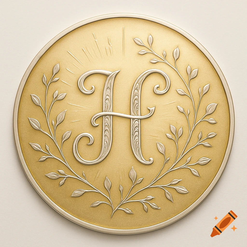 A round gold medallion with a prominent silver ornate monogram letter H, framed by delicate silver leaves.
