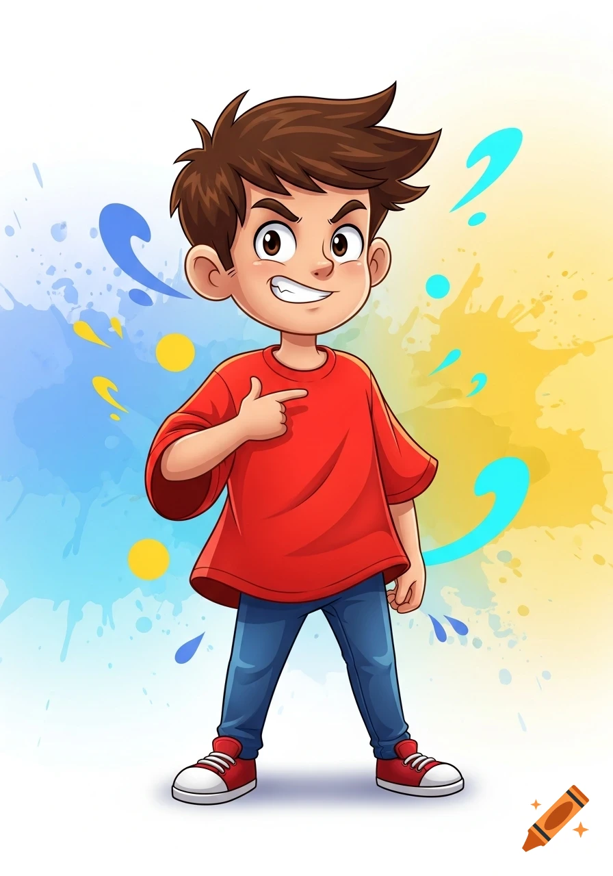 A cartoon boy with brown hair in a red shirt and blue jeans points to himself against a background of colorful paint splatters.