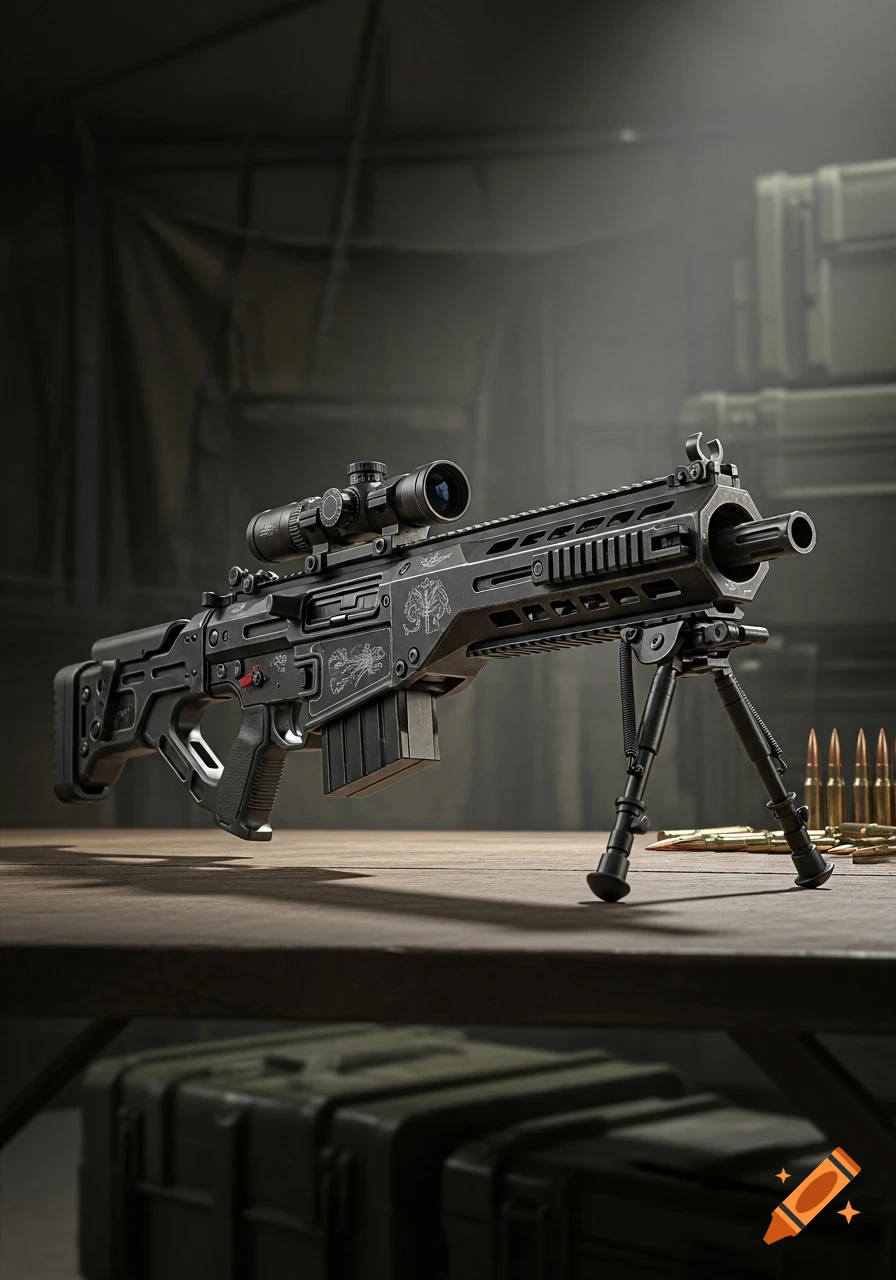 A high-tech, dark grey anti-material rifle with a scope and bipod rests on a wooden table, with bullets scattered nearby.