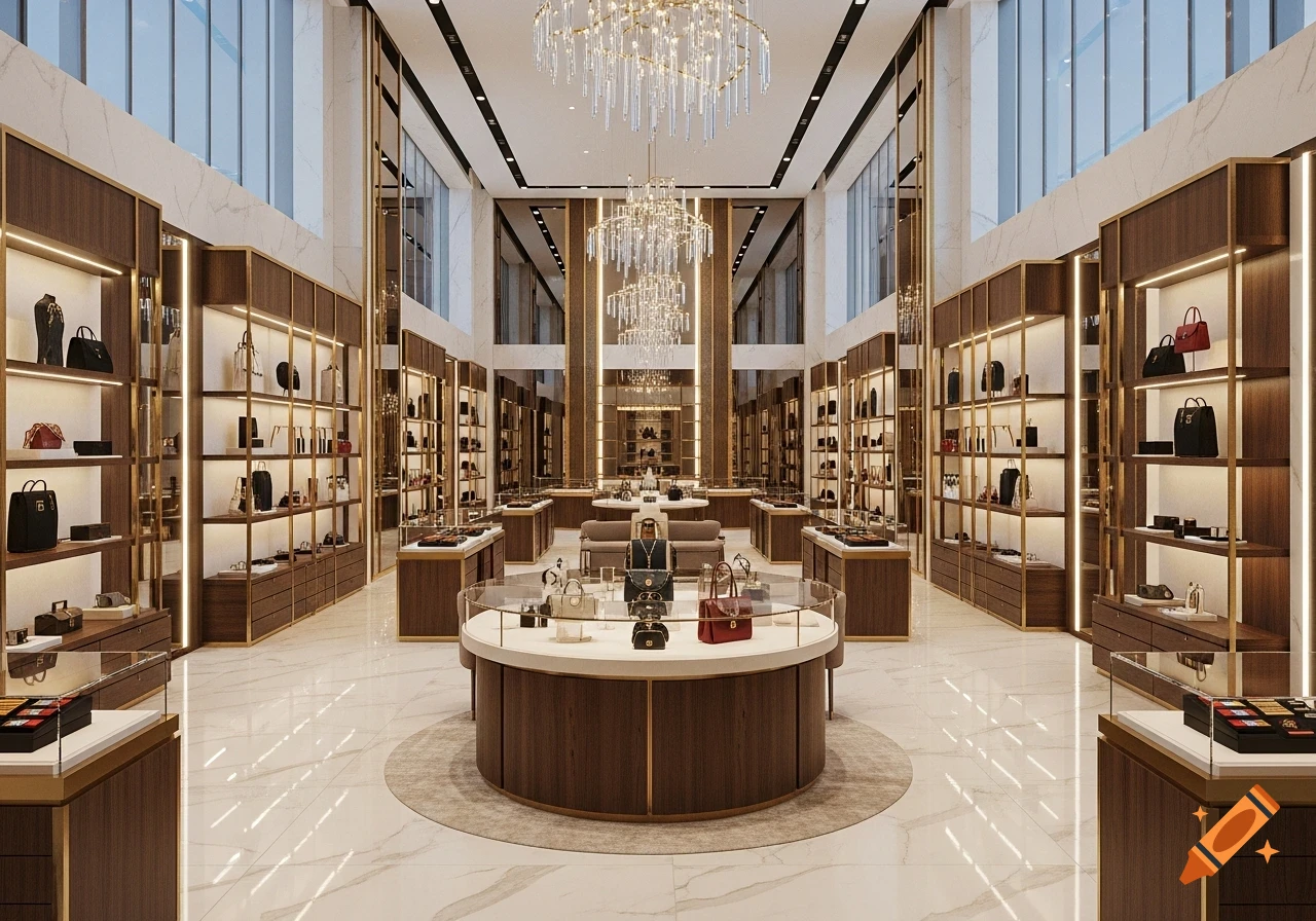 Photorealistic interior of a luxury retail shop with high ceilings, marble floors, wood shelves, and elegant chandeliers.