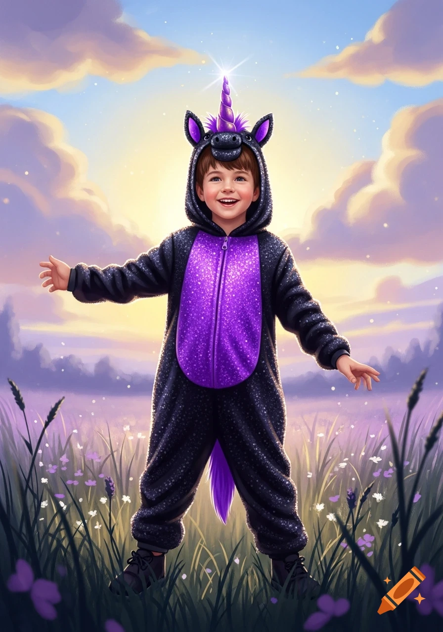 A smiling boy in a black and purple unicorn costume stands in a field of flowers under a vibrant sunset sky.