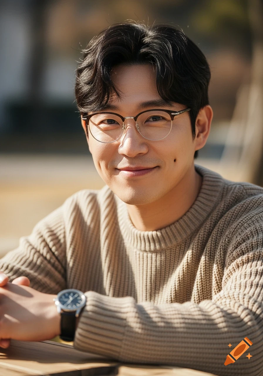 A photorealistic portrait of a smiling Korean man with dark hair and glasses, wearing a beige knit sweater, in warm natural light.