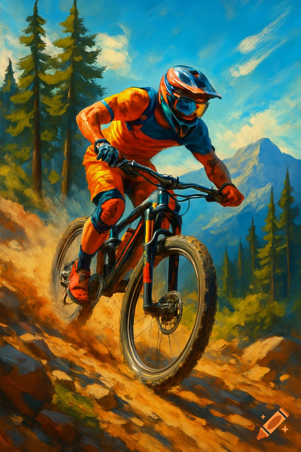 Vibrant painting of a mountain biker in orange and blue gear descending a dusty trail, with pine trees and mountains under a blue sky.