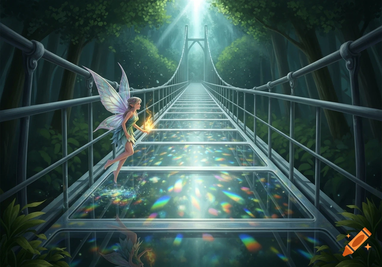 A magical fairy with iridescent wings floats on a sunlit glass bridge leading into a mystical forest.