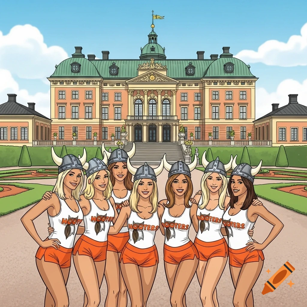 A cartoon of six women in Hooters uniforms and Viking helmets posing playfully in front of Drottningholm Palace.