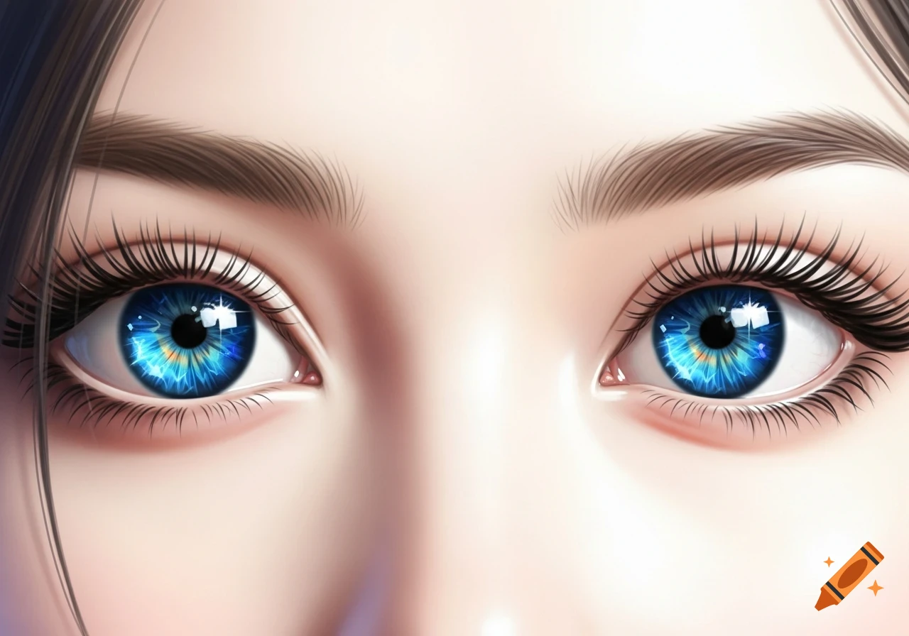 Close-up of a pair of vibrant blue sapphire eyes with long eyelashes and defined eyebrows, digital illustration.