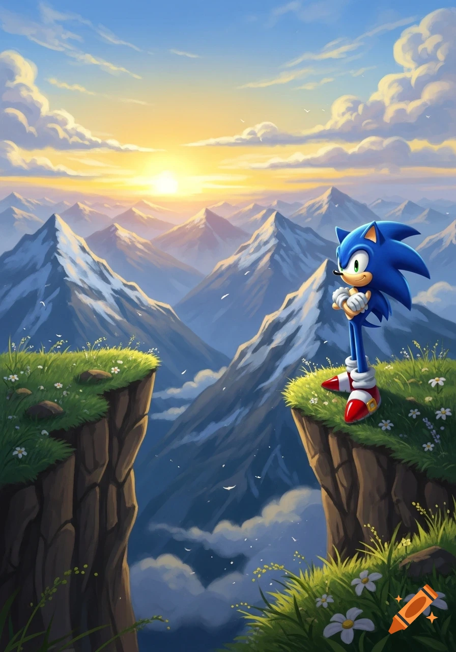 Sonic the Hedgehog stands on a grassy cliff, observing a panoramic mountain range under a colorful sunset sky in a stylized drawing.