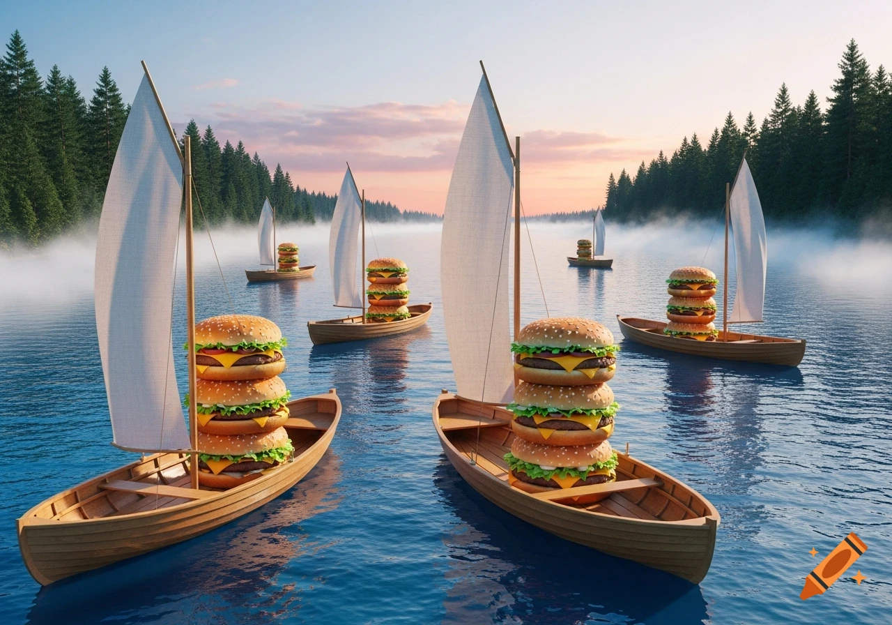 Wooden sailboats, each carrying a tall stack of cheeseburgers, float on a misty lake with a forest in the background at sunset.