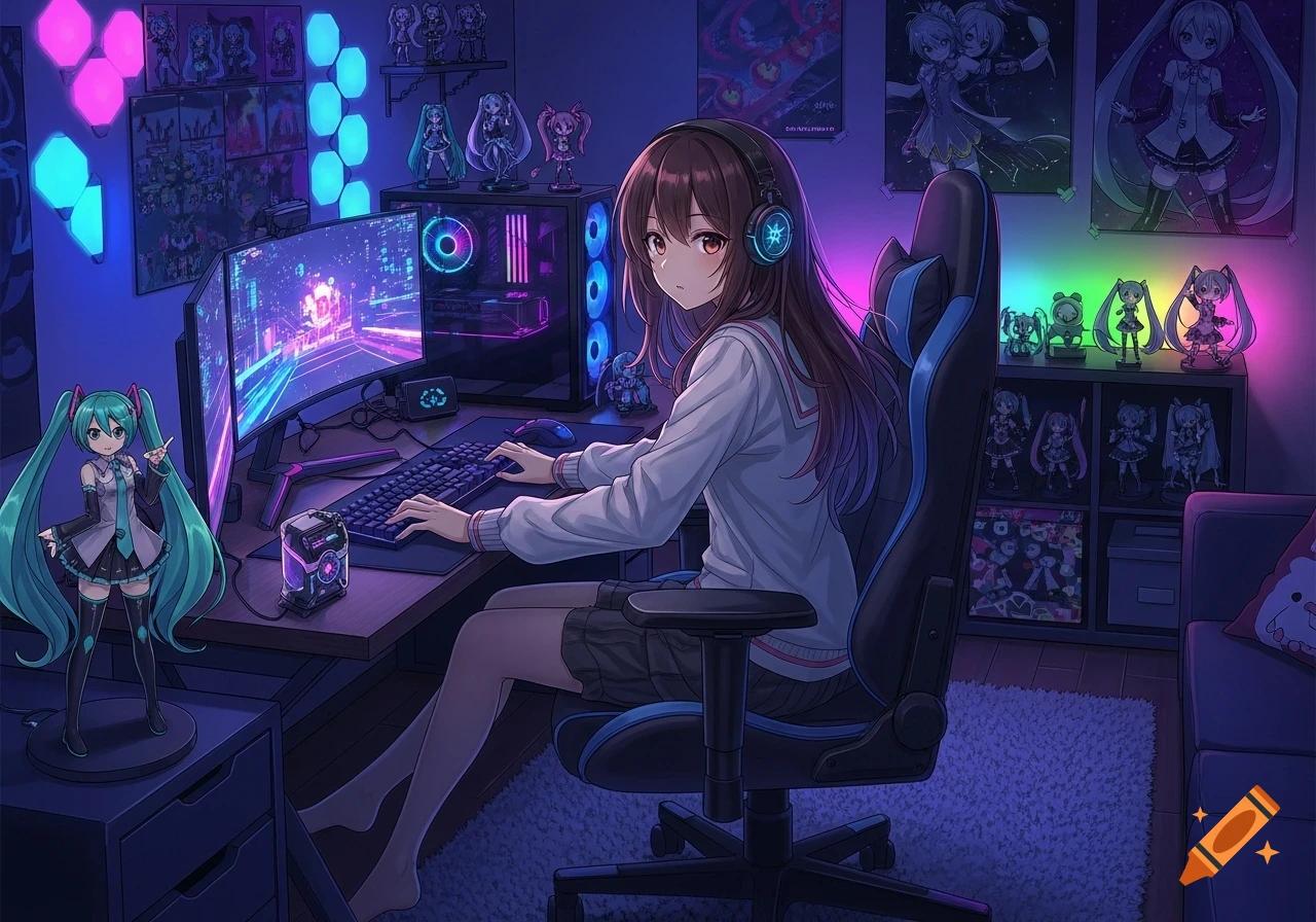 An anime girl with long brown hair and headphones sits in a gaming chair, playing on a computer in a neon-lit room with Hatsune Miku decorations.