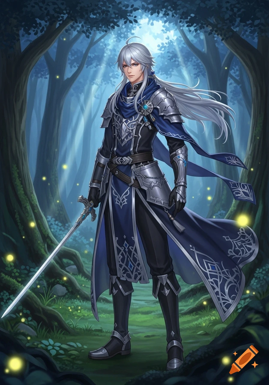 Anime male character with long silver hair, in blue and silver armor, holding a sword in a mystical forest with glowing fireflies.