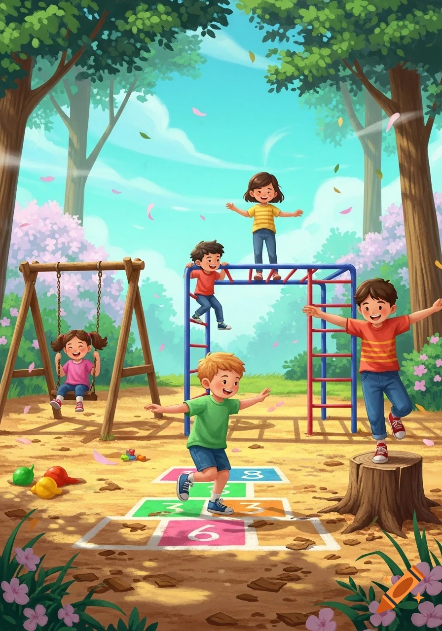 Four happy cartoon children play in a sunny outdoor playground, with swings, monkey bars, and hopscotch.