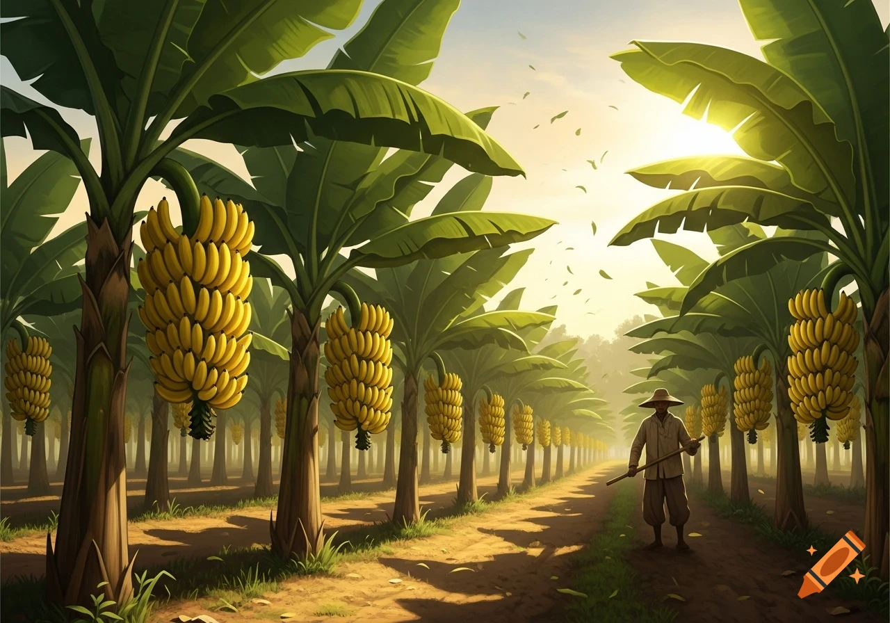 Stylized illustration of a farmer walking through a sunlit banana plantation with rows of trees bearing ripe yellow bananas.