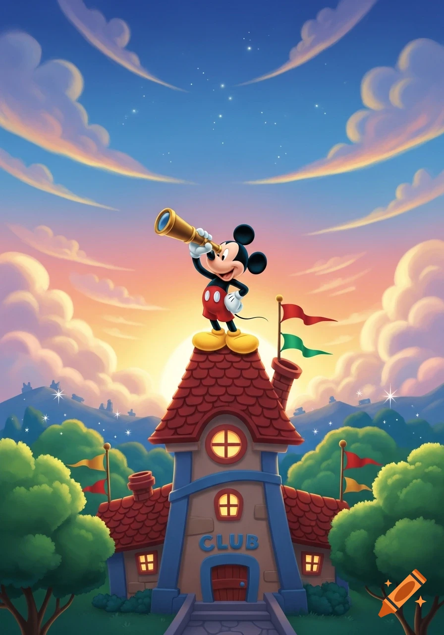 Mickey Mouse stands on the roof of a clubhouse, looking through a telescope at the starry, cloud-filled sunset sky.
