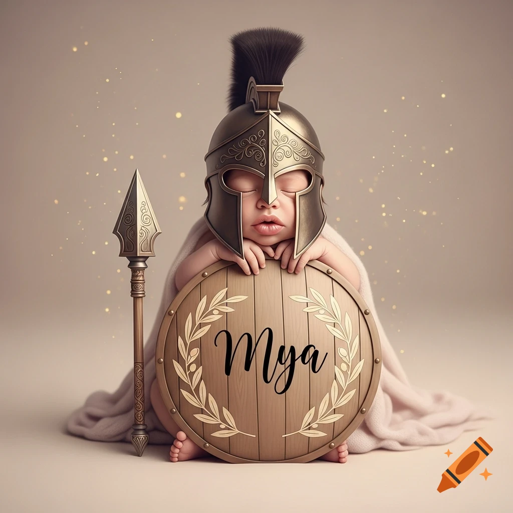 A sleeping baby wearing a Spartan helmet holds a wooden shield with 'Mya' inscribed, and a spear, on a light background.