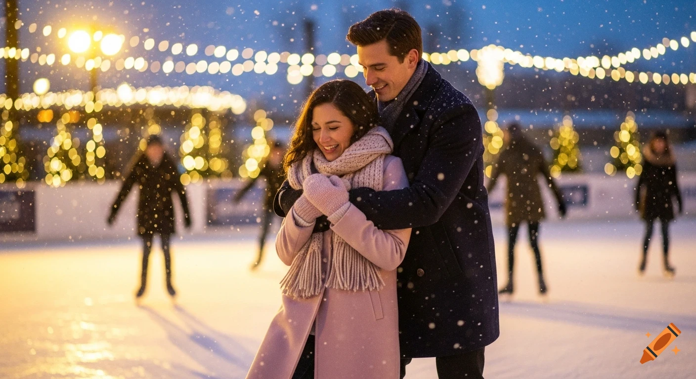 Smiling couple in winter coats and scarves embraced on an outdoor ice rink, surrounded by falling snow and golden lights.