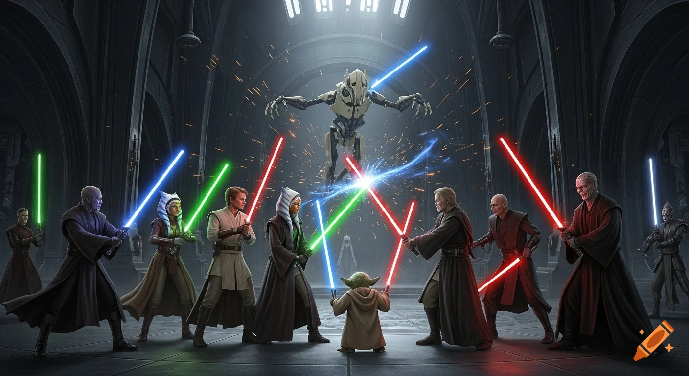 Jedi and Sith characters, including Anakin, Ahsoka, Obi-Wan, Yoda, and General Grievous, engage in a lightsaber battle in a dark, grand hall.
