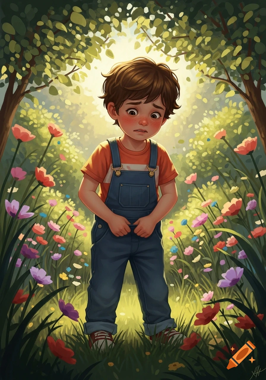 An illustrated young boy, looking embarrassed and holding his pants, stands amidst colorful flowers in a sunlit garden.