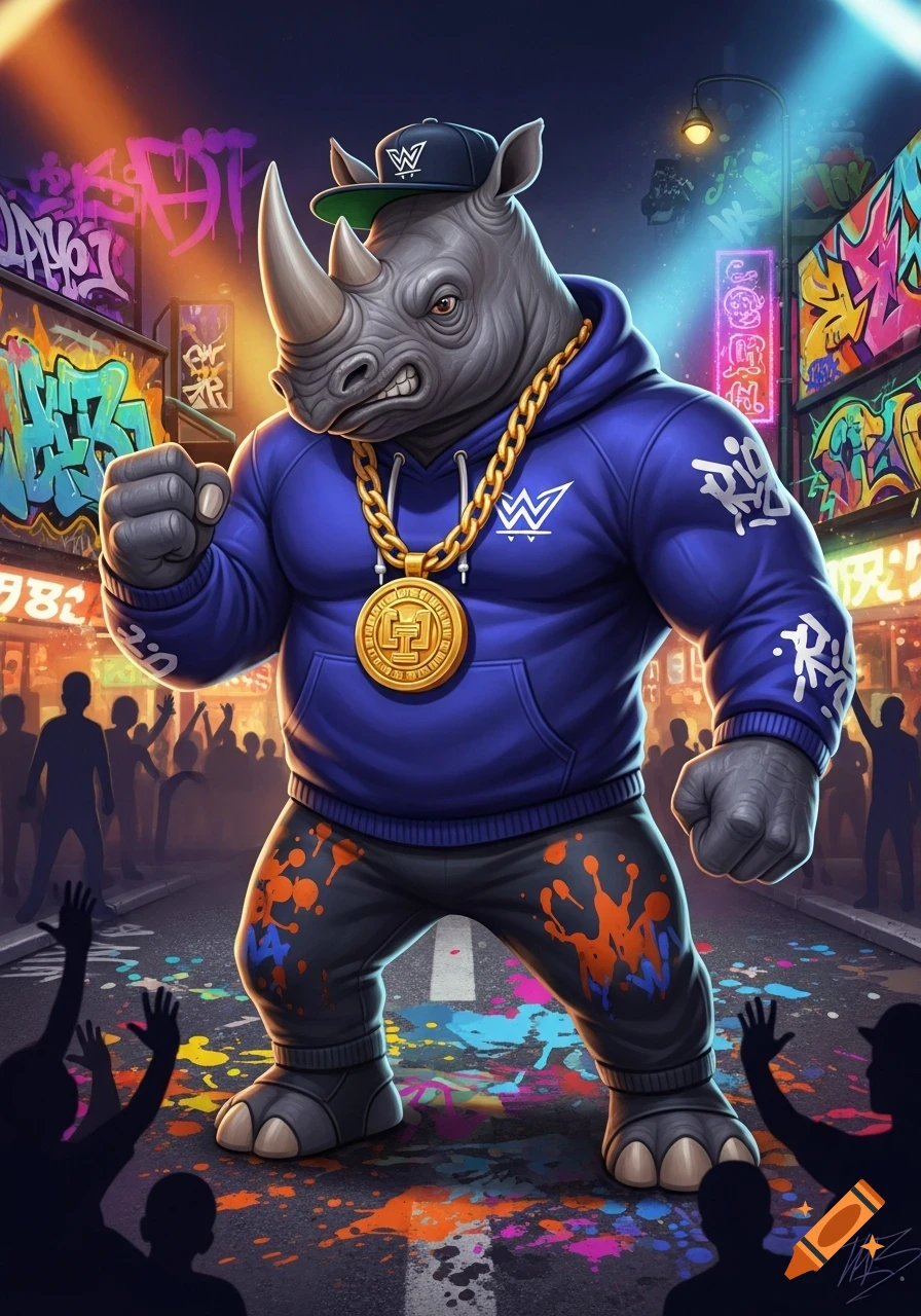 A muscular, cartoonish rhino wearing a blue hoodie, baseball cap, and gold chain stands in a graffiti-filled, neon-lit street at night with silhouetted figures.