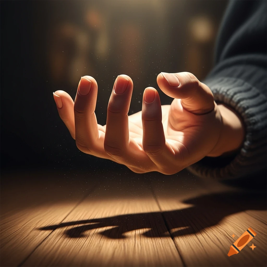 A human hand floats above a wooden table, illuminated by a bright light, casting a long shadow, with dust motes.
