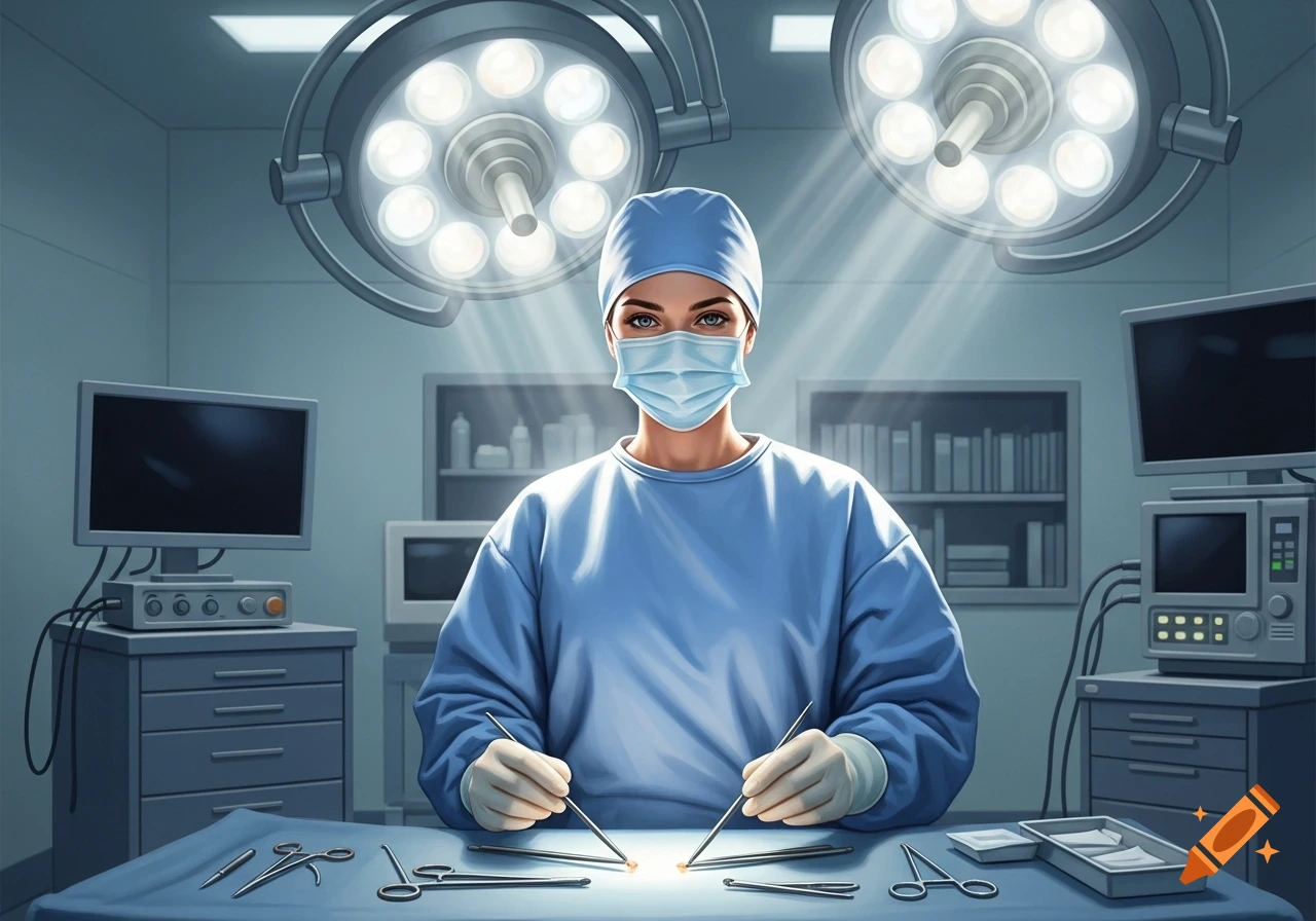A female surgeon in blue scrubs and a mask holds surgical tools over an operating table under bright lights in an operating room.