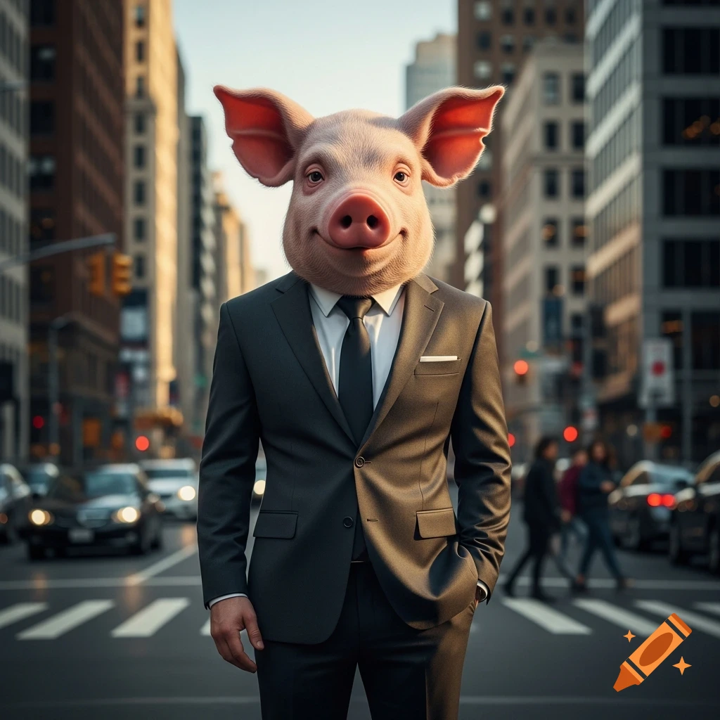 A man in a business suit with a pig's head stands smiling in the middle of a city street.