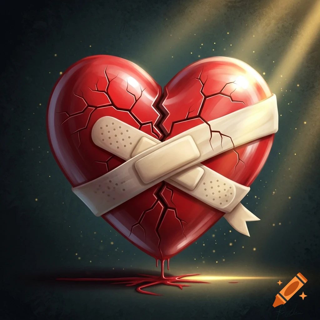 A stylized, cracked red heart mended with bandages, dripping red liquid, on a dark background with light rays.