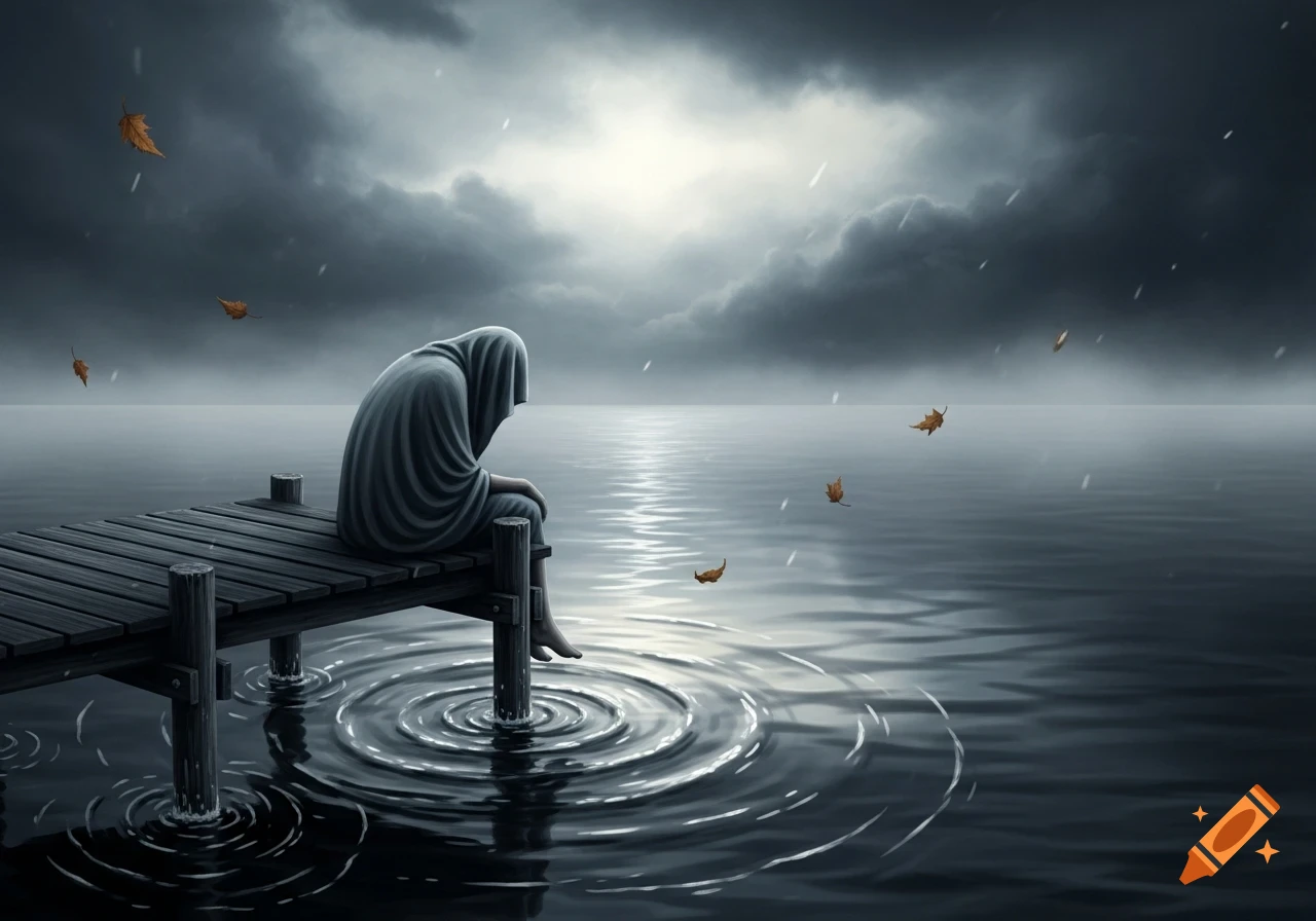 A hooded figure sits on a wooden pier, looking out over dark water under a stormy sky with falling leaves. Digital art.