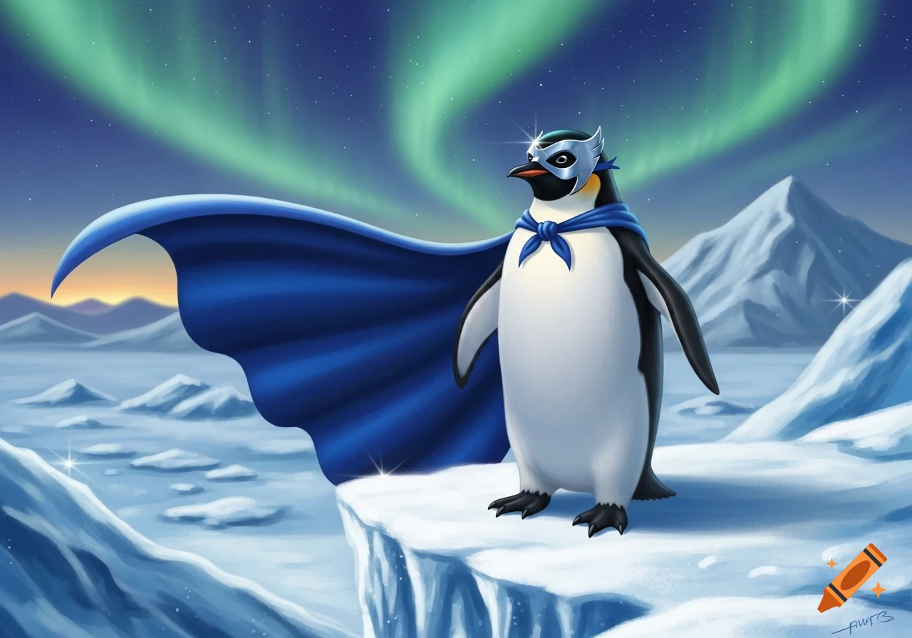 A confident penguin superhero in a blue cape and silver mask stands on an icy cliff under green aurora borealis.